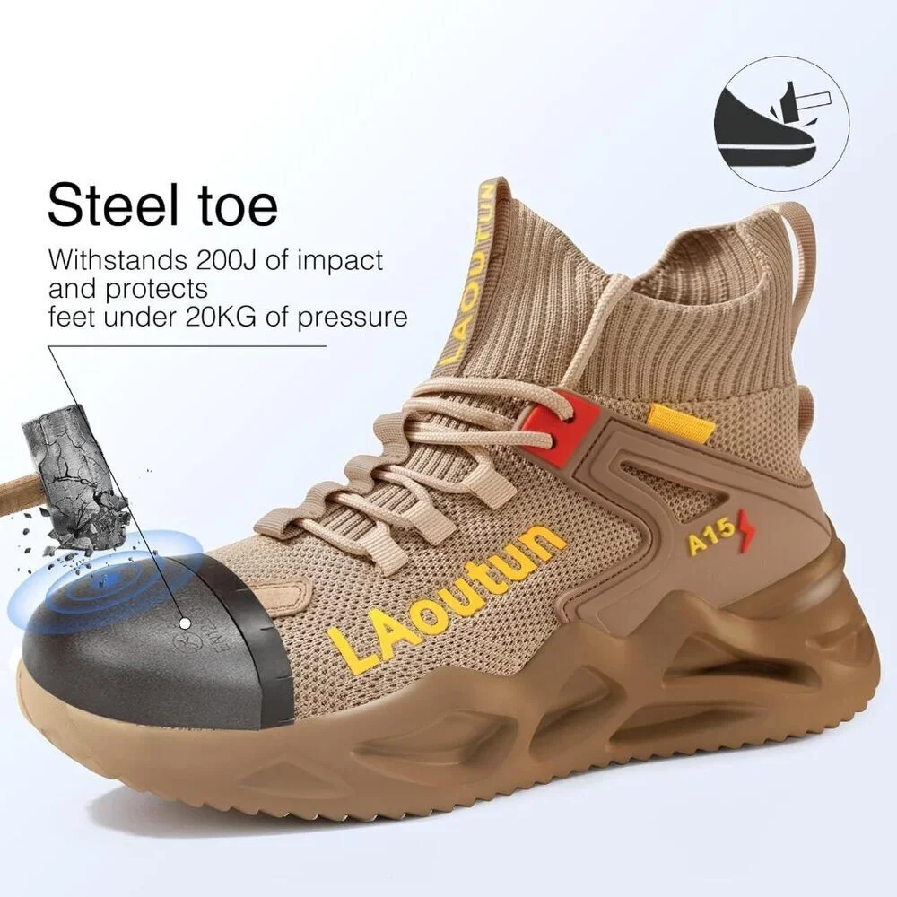 Men's Brown Lightweight Comfortable Safety Shoes, Puncture Resistant Work Shoes
